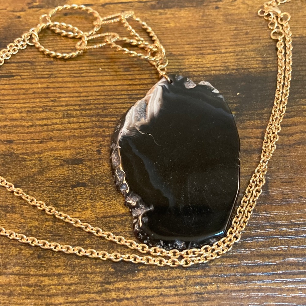 Black Agate Slice Gold Tone Statement Necklace Boho‎ Large Pendant 30-33 Inch